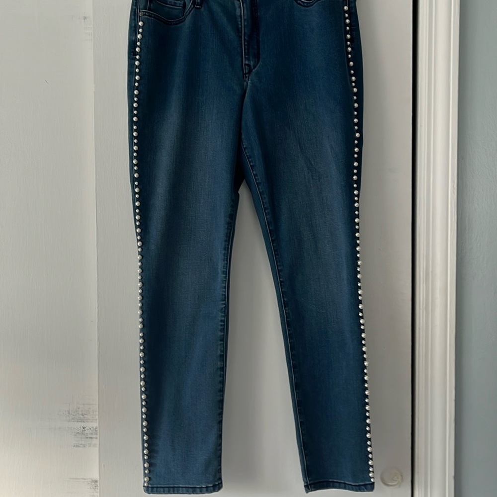 Martha Stewart straight leg jeans with pearls down the legs.